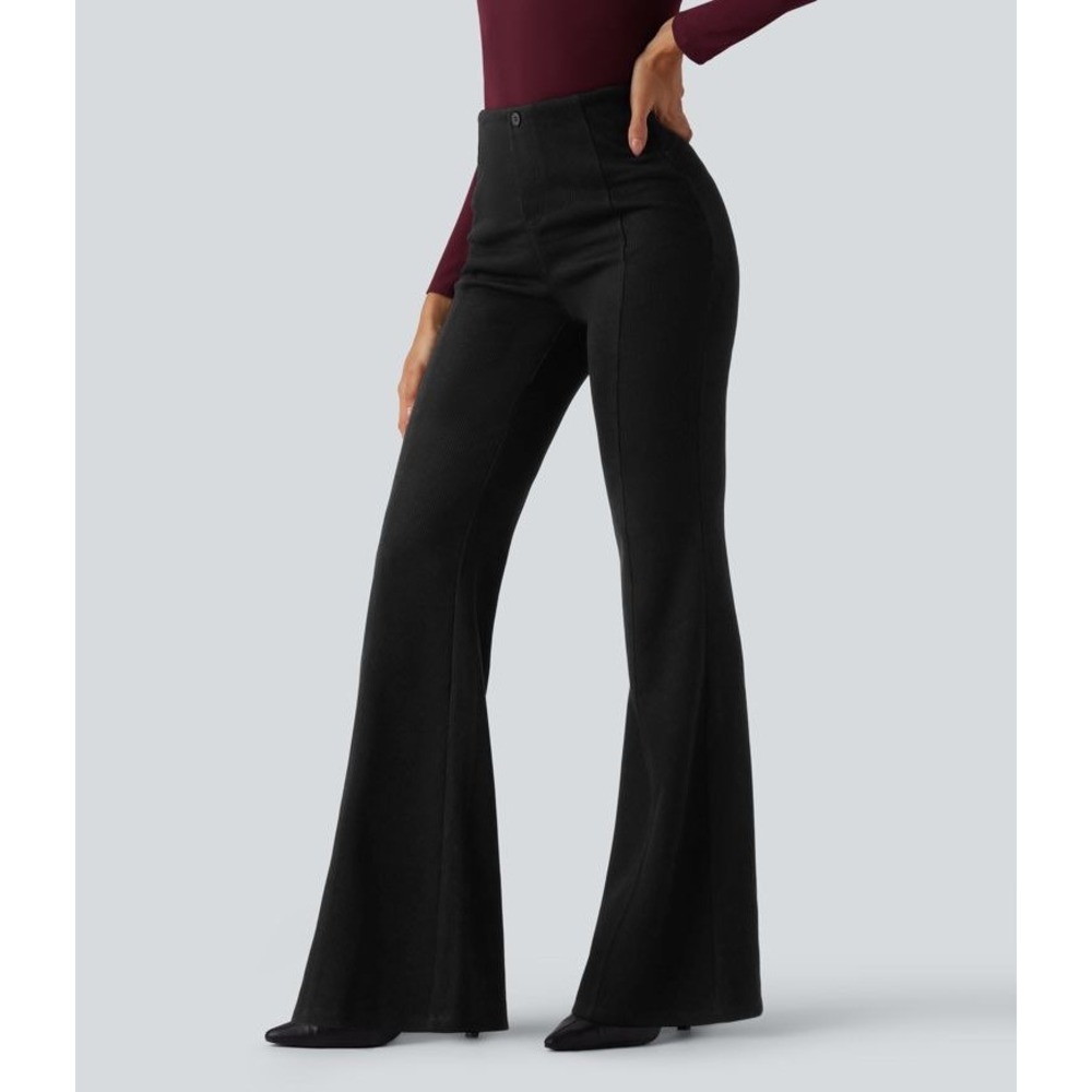 Halara Ribbed High Waisted Tummy Control Casual Flare Pants Black Size L Regular